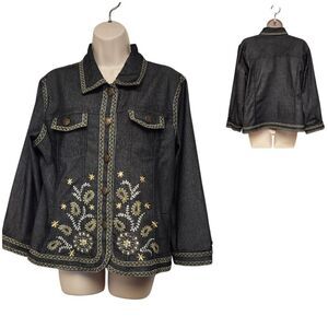 Analogy Embrodery Long Sleeve Denim Jacket Women Size XL Multicolor Black